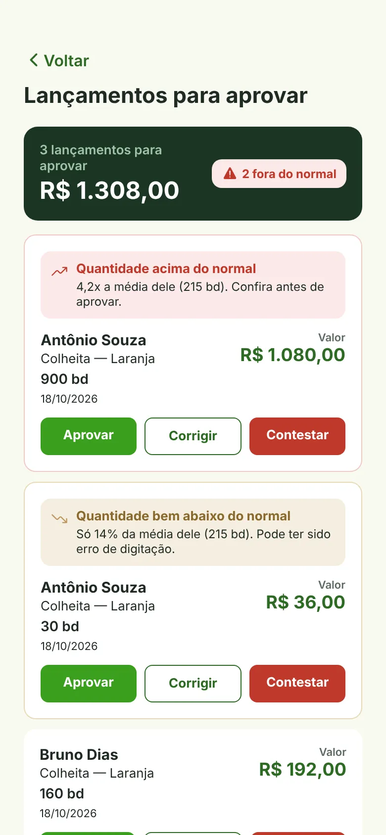 Tela do produtor com lançamentos para aprovar e alerta de quantidade acima do normal