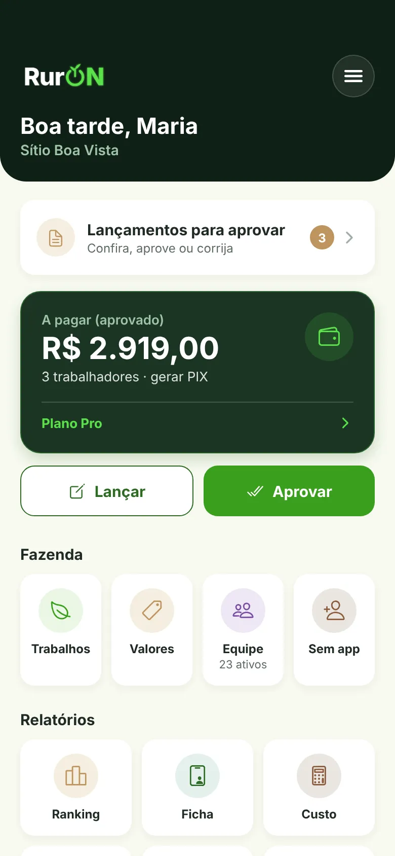 Tela inicial do produtor com o valor a pagar e os lançamentos para aprovar