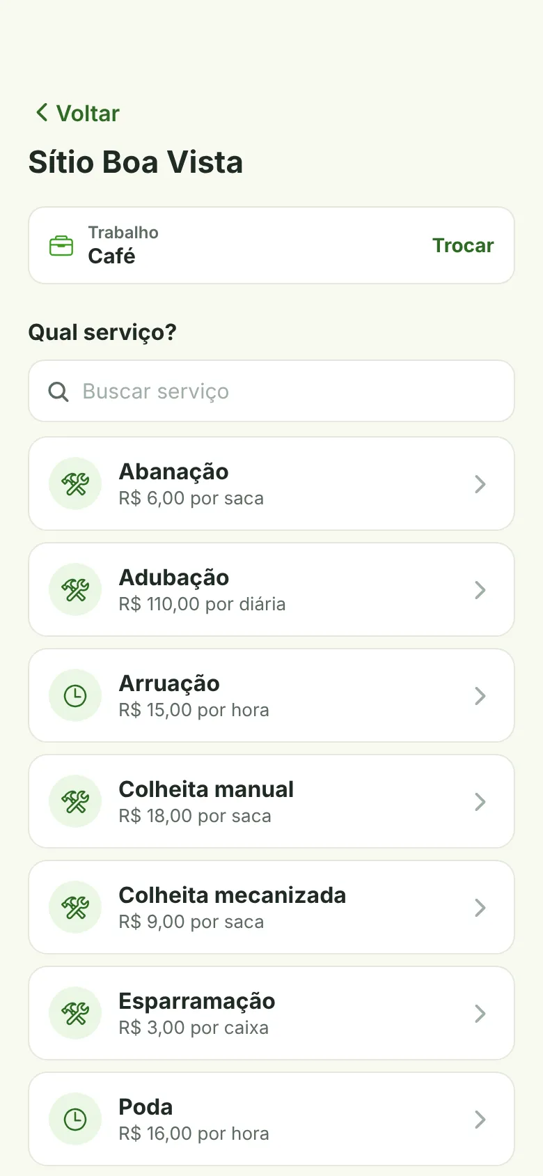 Lista de serviços da fazenda com o preço de cada um, por saca, diária ou hora